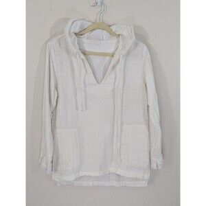 CP Shades 3/4 Sleeve White Linen Blend Blouse Top Hooded Gauzy Double Fabric S